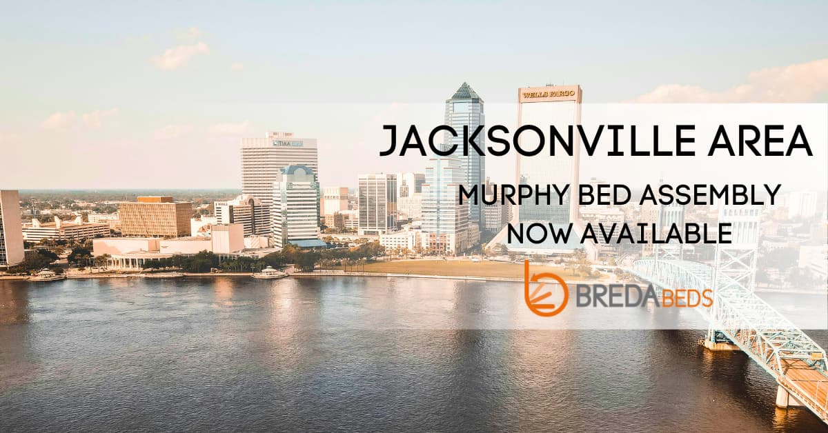 Jacksonville area city skyline with 'Murphy Bed assembly now available' text