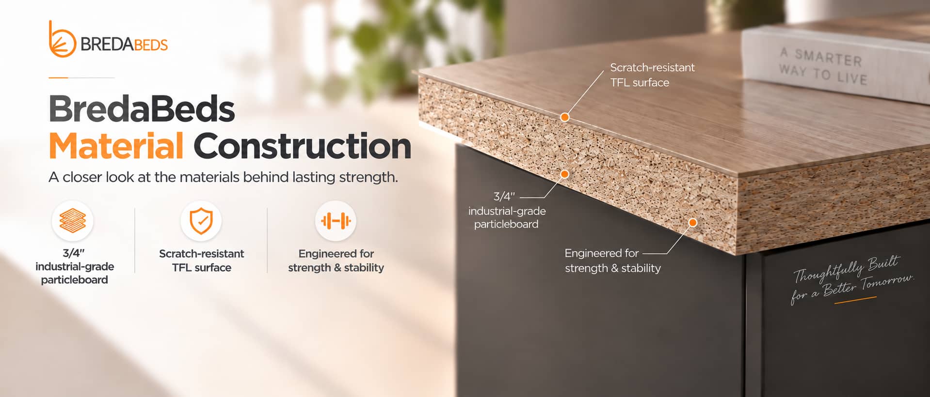 Graphic with the raw edge of a piece of particleboard showing