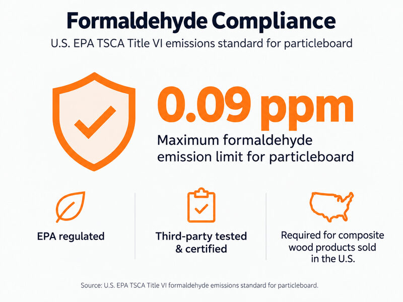 Formaldehyde compliance graphic: EPA TSCA Title VI limits particleboard emissions to 0.09 ppm. Panels are EPA regulated and third-party tested and certified, as required for composite wood products sold in the U.S.