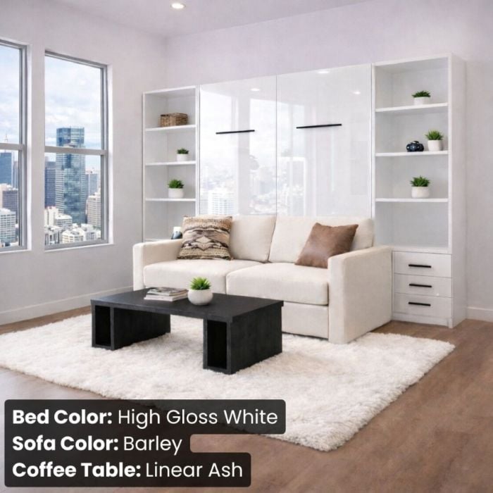 Queen High Gloss White InLine Murphy Bed W/ Hutches-Closed