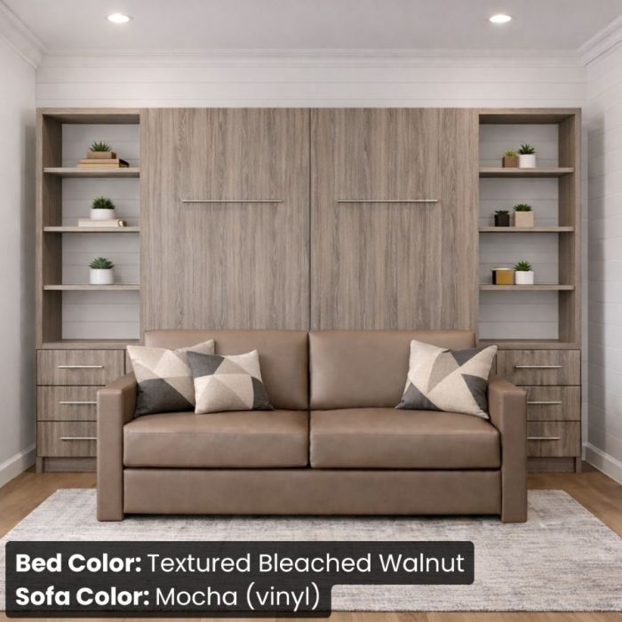 Queen Textured Bleached Walnut InLine Murphy Bed W/ Hutches-Closed