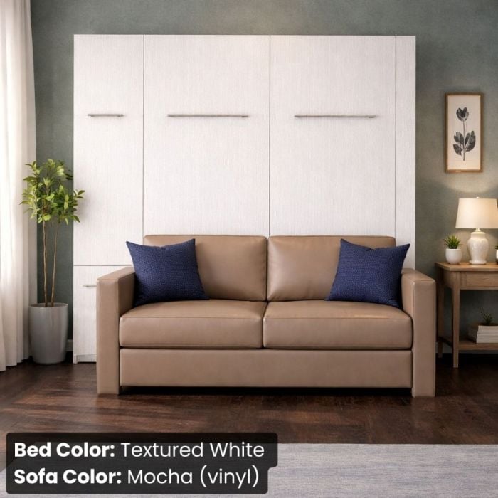 Full Textured White InLine Murphy Bed W/ Hutch and Mocha Vinyl Sofa-Closed