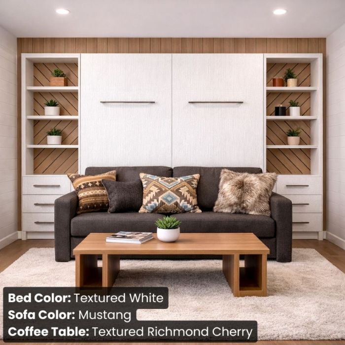 King Textured White InLine Murphy Bed W/ Hutches-Closed