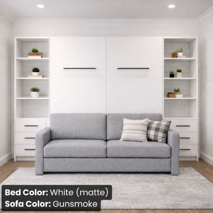 Queen White Matte InLine Murphy Bed W/ Hutches-Closed