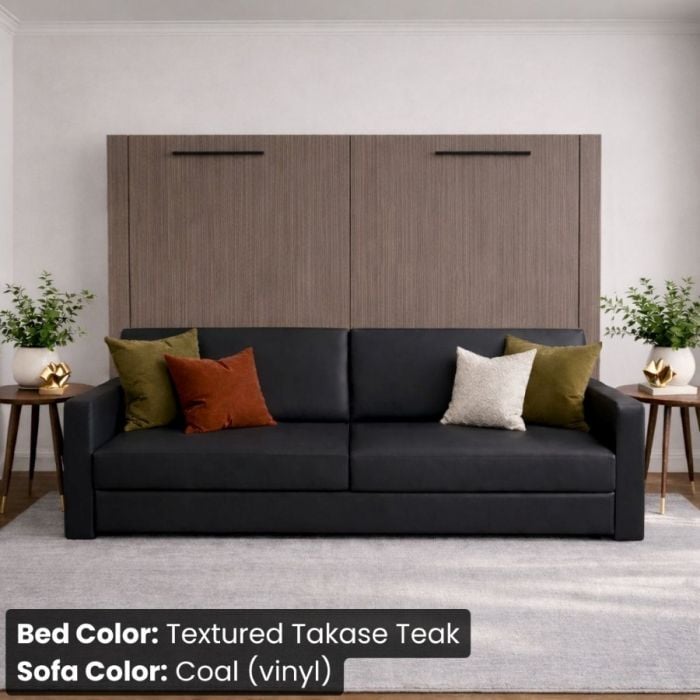 Queen Textured Takase Teak Horizontal InLine W/ Coal Vinyl Sofa-Closed
