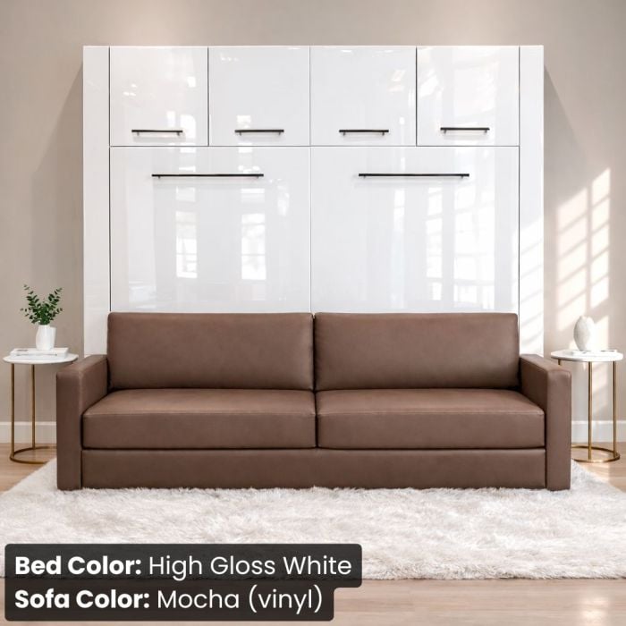 Queen High Gloss White Horizontal InLine Murphy Bed W/ Top Hutch and Mocha Vinyl Sofa-closed