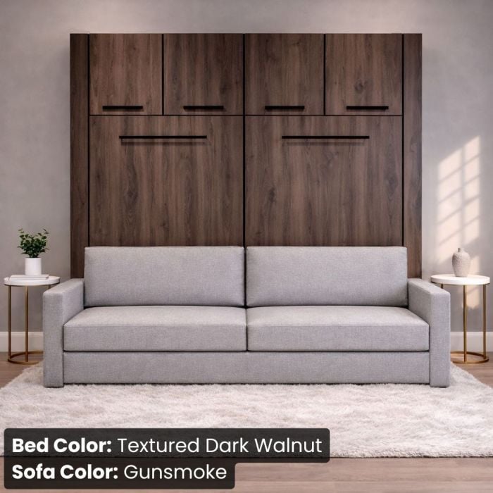 Full Textured Dark Walnut Horizontal InLine W/ Top Hutch and Gunsmoke Sofa-Closed