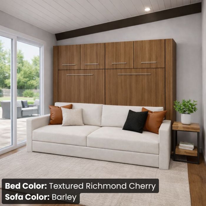 Queen Textured Richmond Cherry Horizontal InLine W/ Top Hutch and Barley Vinyl Sofa -Closed