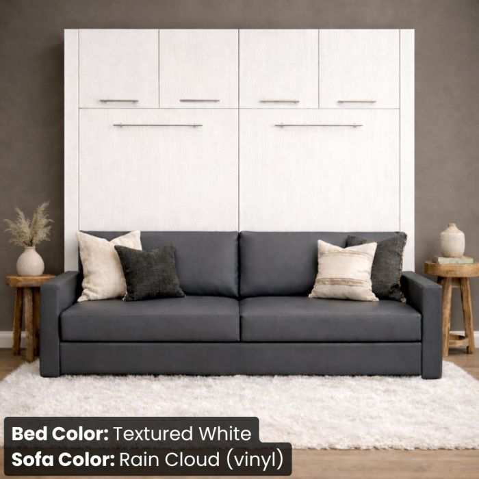 Queen Textured White Horizontal InLine W/ Top Hutch and Rain Cloud Vinyl Sofa -Closed
