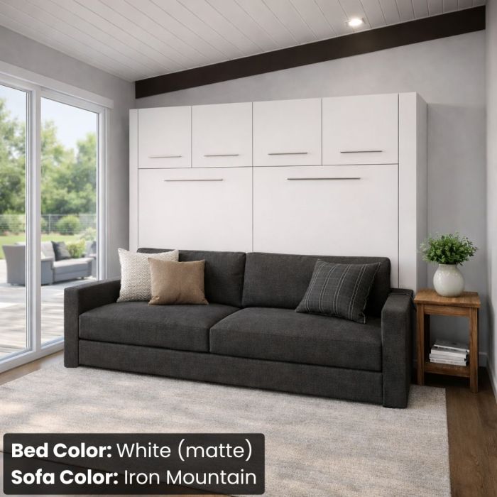 Queen White Matte Horizontal InLine W/ Top Hutch and Iron Mountain Sofa-Closed