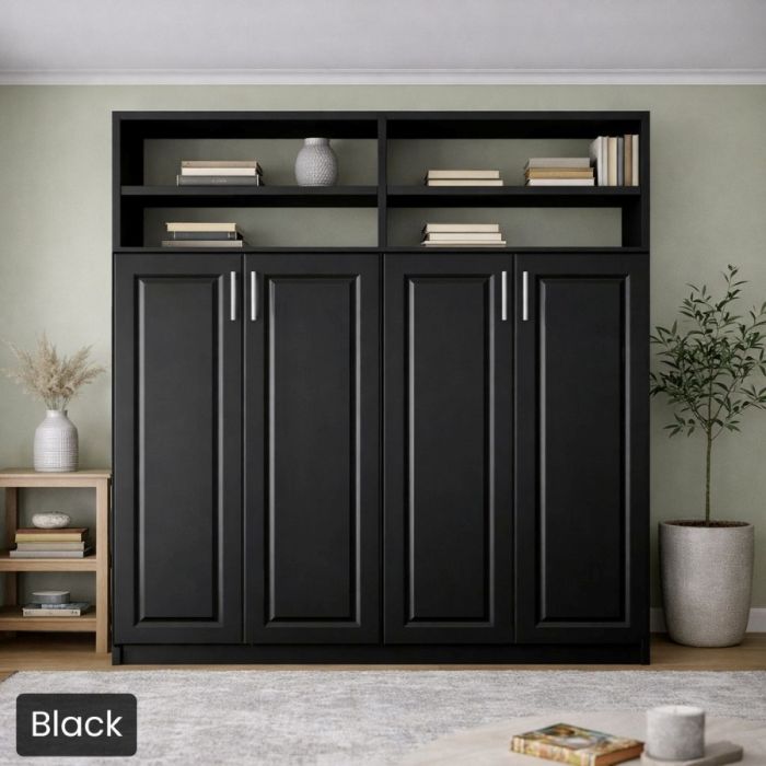 Full Black Horizontal Metropolitan Murphy Bed W/Top Hutch-Closed