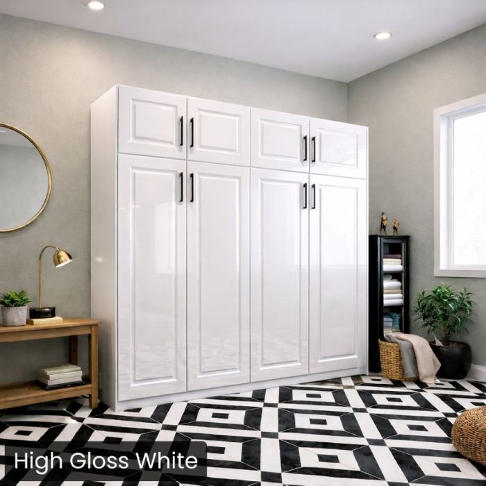 Queen High Gloss White Horizontal Metropolitan Murphy Bed W/Top Hutch-Closed