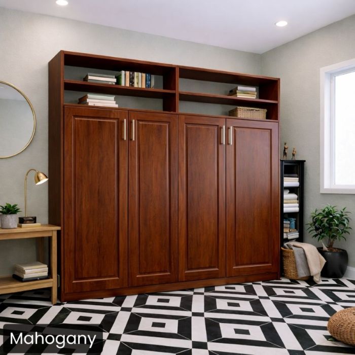 Queen Mahogany Horizontal Metropolitan Murphy Bed W/Top Hutch-Closed