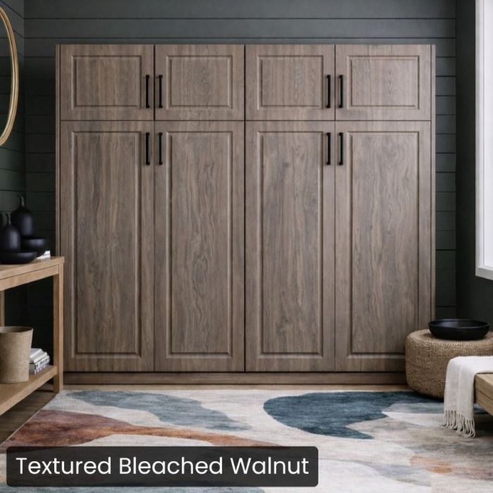Queen Textured Bleached Walnut Horizontal Metropolitan Murphy Bed W/Top Hutch-Closed