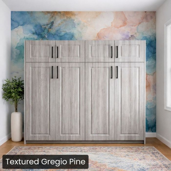 Queen Textured Gregio Pine Horizontal Metropolitan Murphy Bed W/Top Hutch-Closed