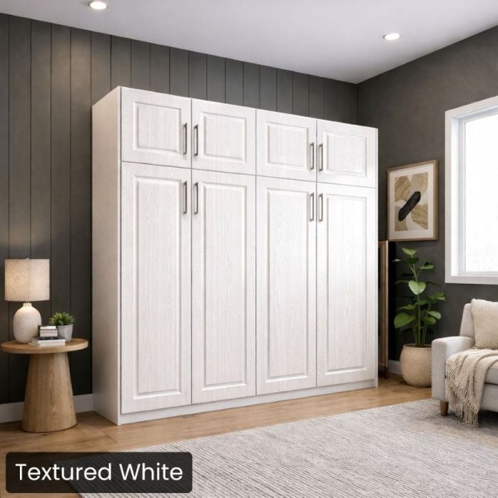 Queen Textured White Horizontal Metropolitan Murphy Bed W/Top Hutch-Closed