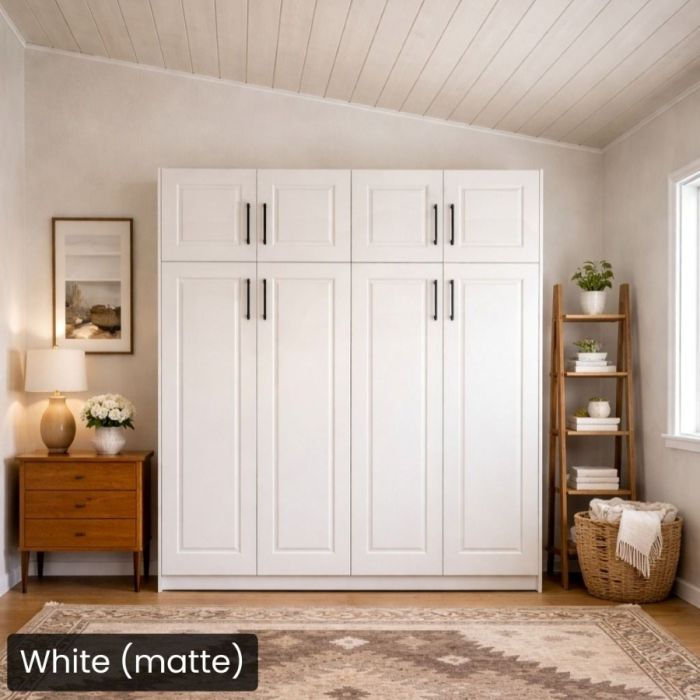 Full White Matte Horizontal Metropolitan Murphy Bed W/Top Hutch-Closed