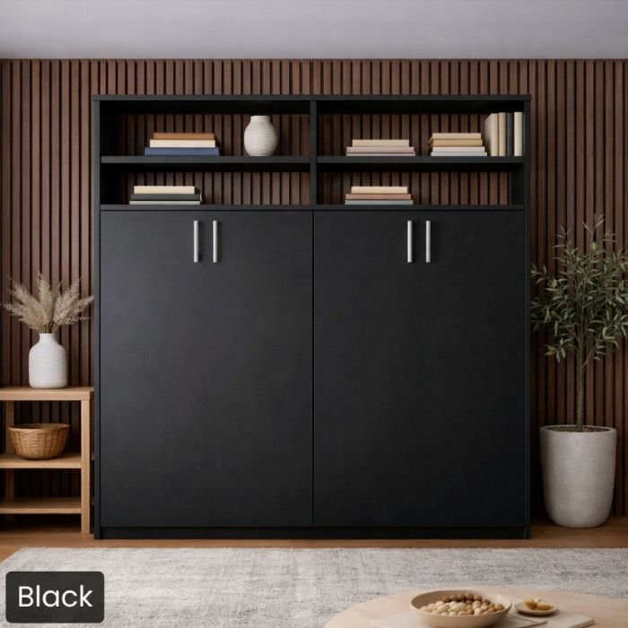 Queen Black Horizontal Urban Murphy Bed W/Top Hutch-Closed