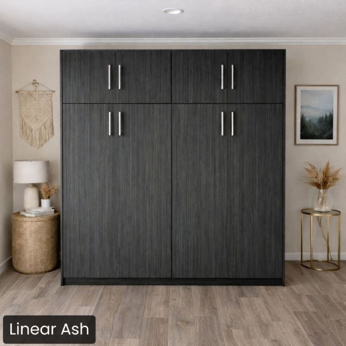 Queen Linear Ash Horizontal Urban Murphy Bed W/Top Hutch-Closed