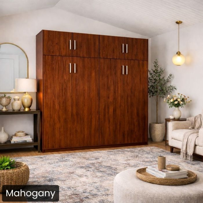 Queen Mahogany Horizontal Urban Murphy Bed W/Top Hutch-Closed