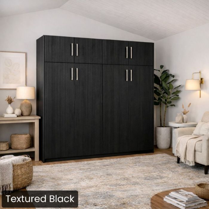 Queen Textured Black Horizontal Urban Murphy Bed W/Top Hutch-Closed