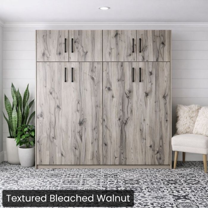 Queen Textured Bleached Walnut Horizontal Urban Murphy Bed W/Top Hutch-Closed