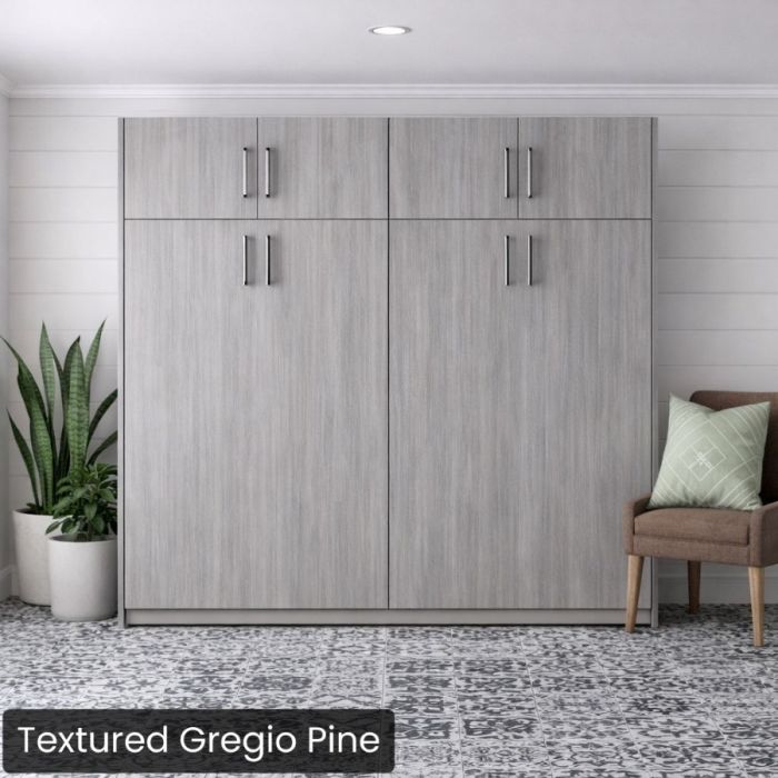 Queen Textured Gregio Pine Horizontal Urban Murphy Bed W/Top Hutch-Closed