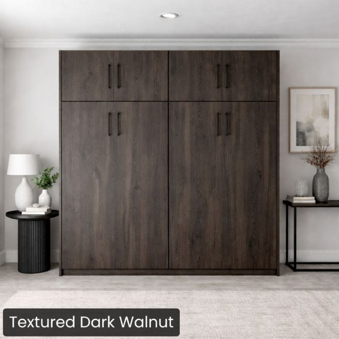 Queen Textured Dark Walnut Horizontal Urban Murphy Bed W/Top Hutch-Closed