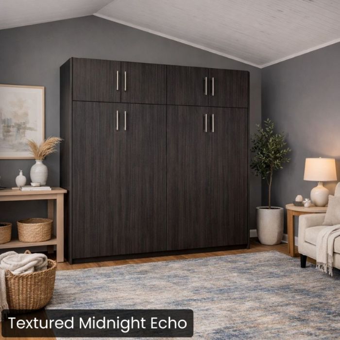 Queen Textured Midnight Echo Horizontal Urban Murphy Bed W/Top Hutch-Closed