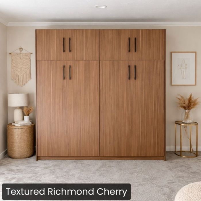 Queen Textured Richmond Cherry Horizontal Urban Murphy Bed W/Top Hutch-Closed