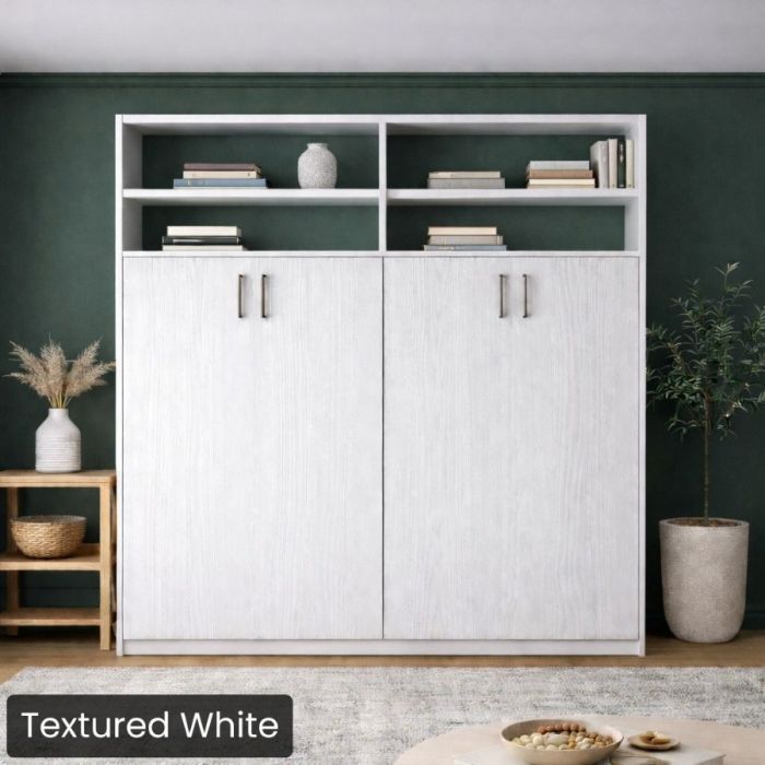 Queen Textured White Horizontal Urban Murphy Bed W/Top Hutch-Closed