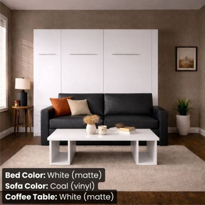 Queen White Matte InLine Murphy Bed W/ Hutch and Coal Vinyl Sofa-Closed