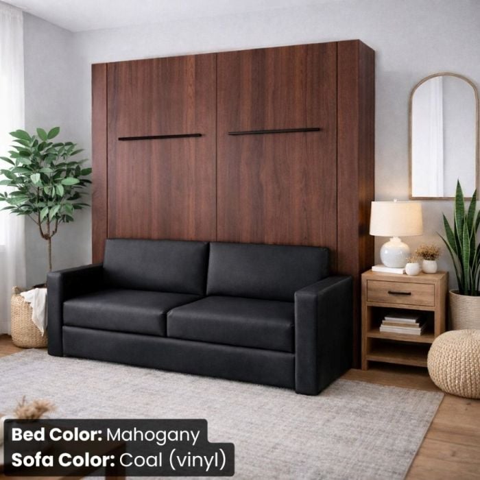 King Mahogany InLine Murphy Bed W/ Coal Vinyl Sofa-Closed