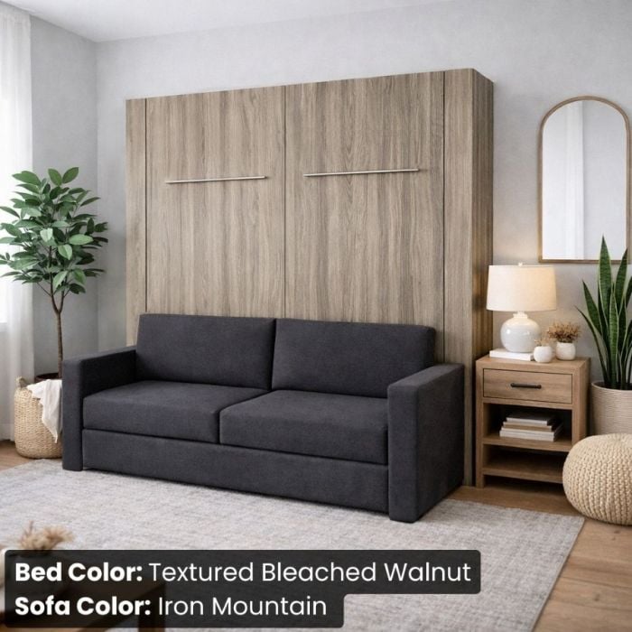King Textured Bleached Walnut InLine Murphy Bed W/ Iron Mountain Sofa-Closed