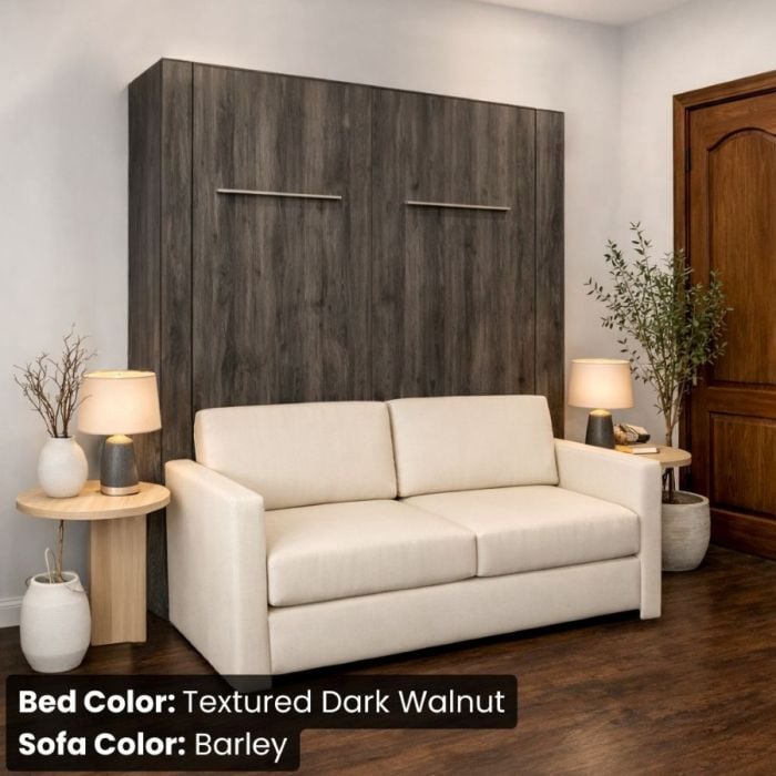 Queen Textured Dark Walnut InLine Murphy Bed W/ Barley Sofa-Closed