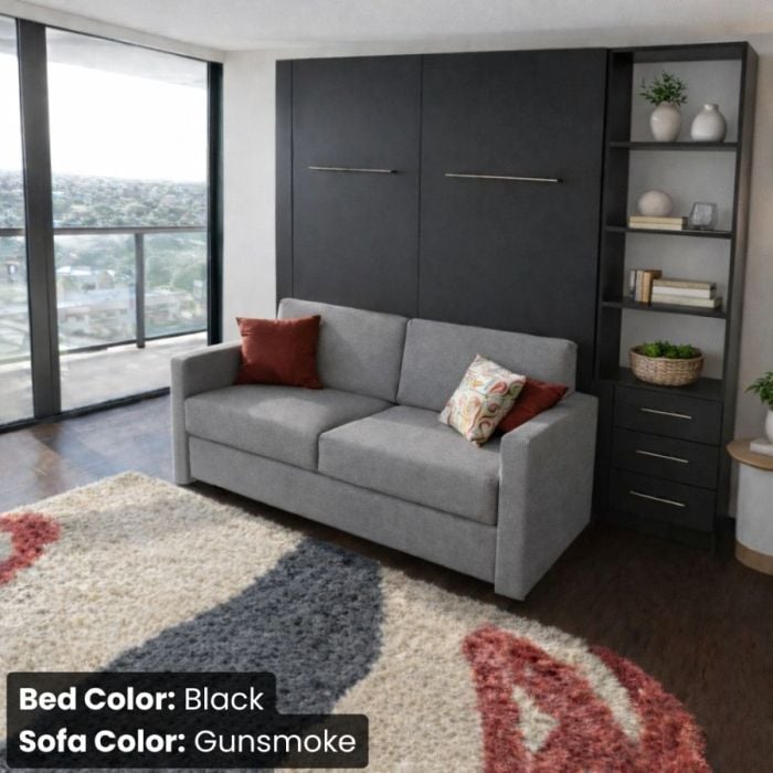 Queen Black InLine Murphy Bed W/ Hutch and Gunsmoke Sofa-Closed