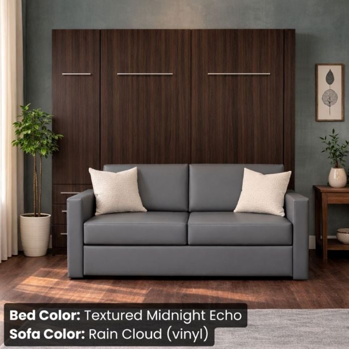 Queen Textured Midnight Echo InLine Murphy Bed W/ Hutch and Rain Cloud Vinyl Sofa-Closed
