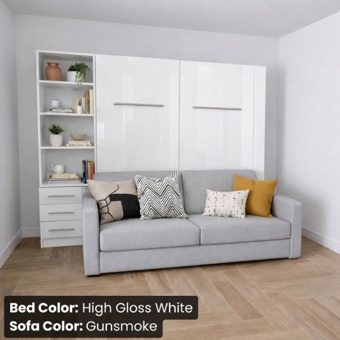 King High Gloss White InLine Murphy Bed with Hutch and Gunsmoke Sofa-Closed