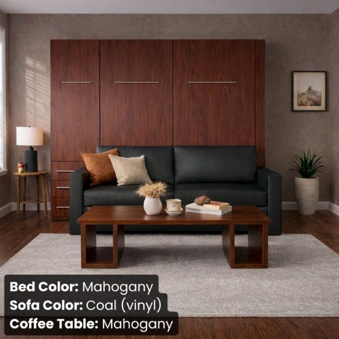 Queen Mahogany InLine Murphy Bed W/ Hutch and Coal Vinyl Sofa-Closed