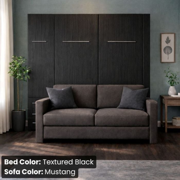 Full Textured Black InLine Murphy Bed W/ Hutch and Mustang Sofa-Closed