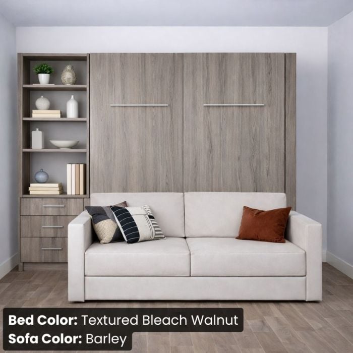 Queen Textured Bleached Walnut InLine Murphy Bed W/ Hutch and Barley Sofa-Closed
