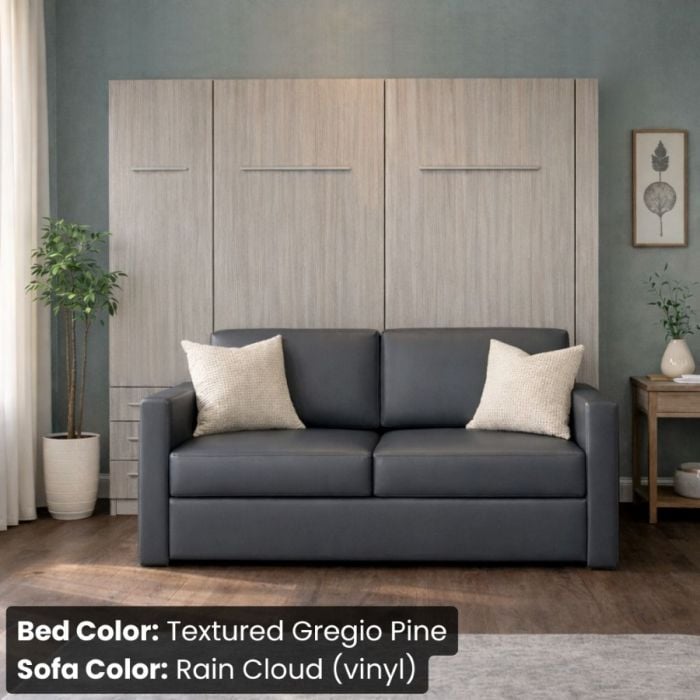 Queen Textured Gregio Pine InLine Murphy Bed W/ Hutch and Rain Cloud Vinyl Sofa-Closed