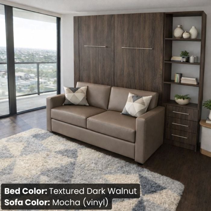 Queen Textured Dark Walnut InLine Murphy Bed W/ Hutch and Mocha Vinyl Sofa-Closed