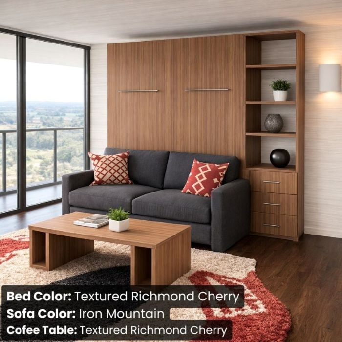 Queen Textured Richmond Cherry InLine Murphy Bed W/ Hutch and Iron Mountain Sofa-Closed