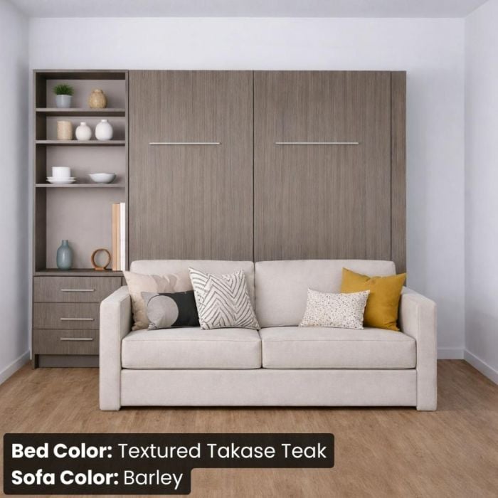 Queen Textured Takase Teak InLine Murphy Bed W/ Hutch and Barley Sofa-Closed