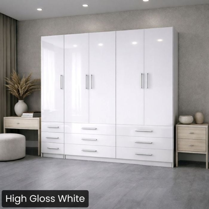 Queen High Gloss White Penthouse Murphy bed W/ Hutch-Closed