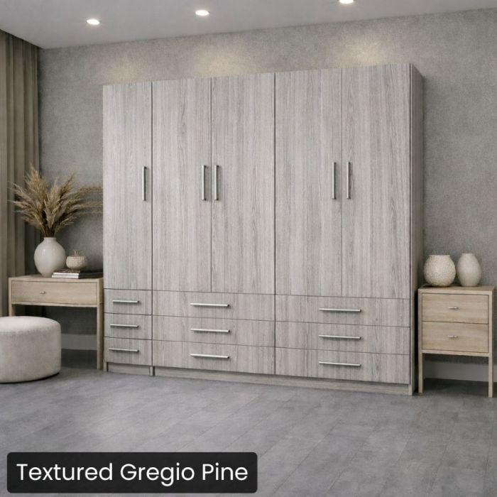 Queen Textured Gregio Pine Penthouse Murphy bed W/ Hutch-Closed