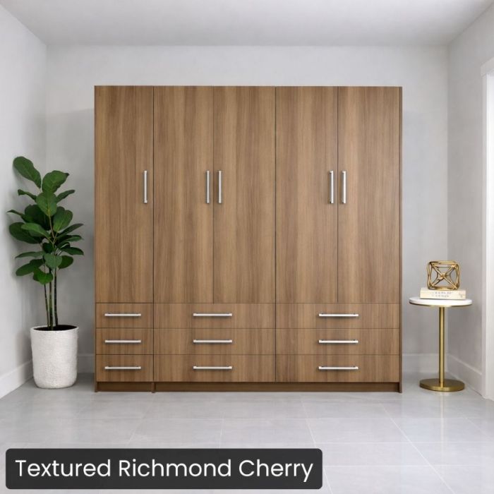 Queen Textured Richmond Cherry Penthouse Murphy bed W/ Hutch-Closed