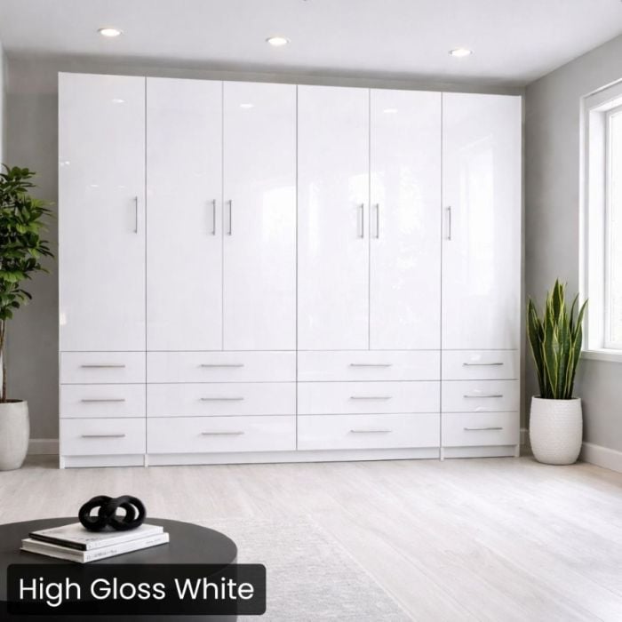 Queen High Gloss White Penthouse Murphy Bed W/ Hutches-Closed