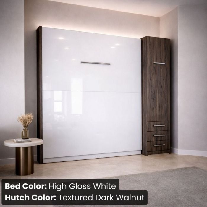 Queen High Gloss White and Textured Dark Walnut Studio Murphy Bed W/ Hutch-Closed